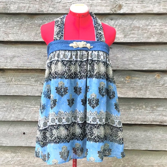 OOAK Upcycled Halter Top Crepe Sequins Denim Long - Picture 1 of 8